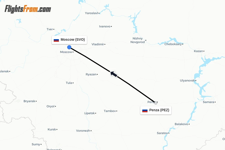Flights from Penza to Moscow route map