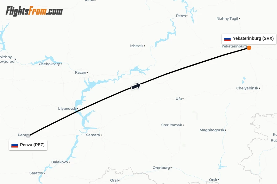 Flights from Penza to Yekaterinburg route map