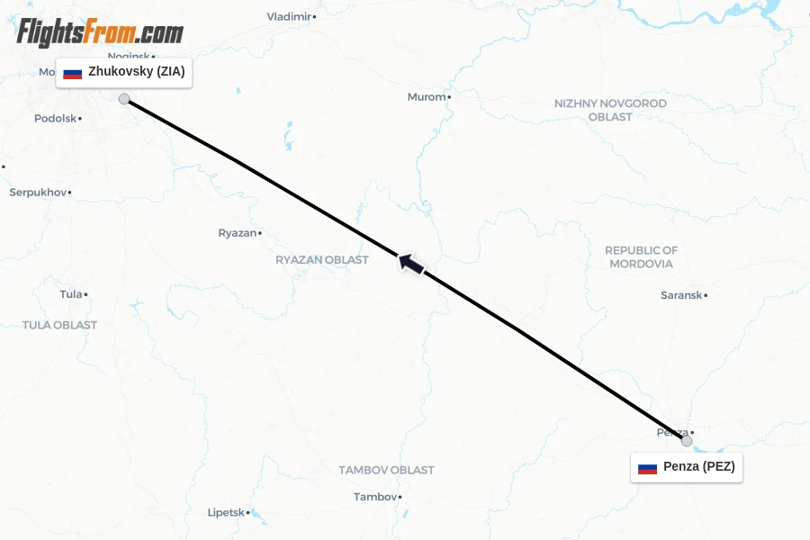 Flights from Penza to Zhukovsky route map