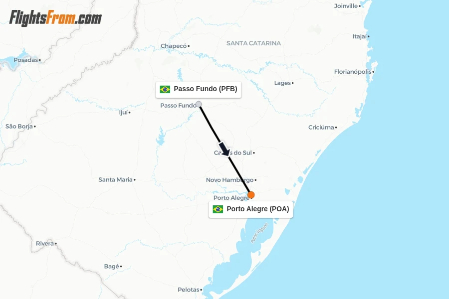 Flights from Passo Fundo to Porto Alegre route map