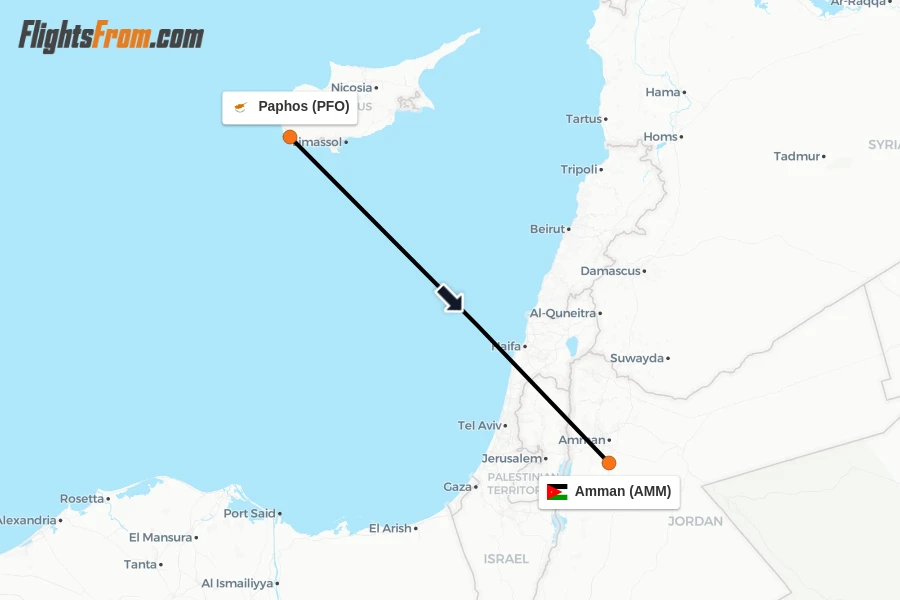 Flights from Paphos to Amman route map
