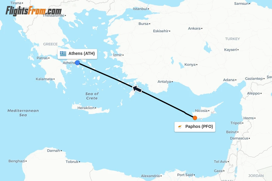 Flights from Paphos to Athens route map