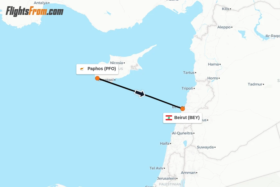 Flights from Paphos to Beirut route map