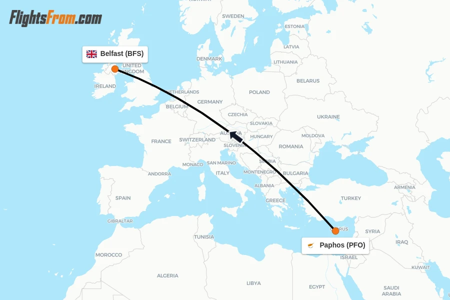 Flights from Paphos to Belfast route map