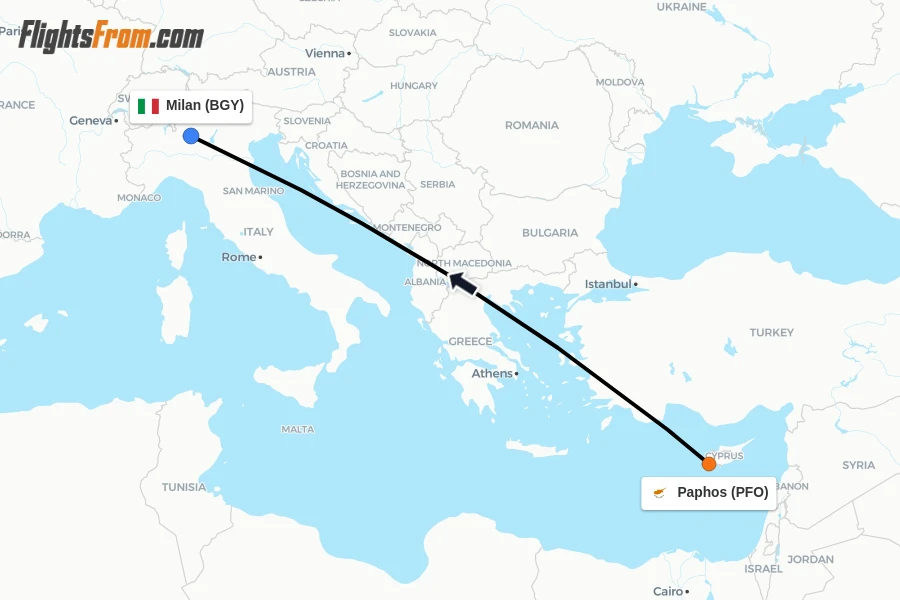 Flights from Paphos to Milan route map