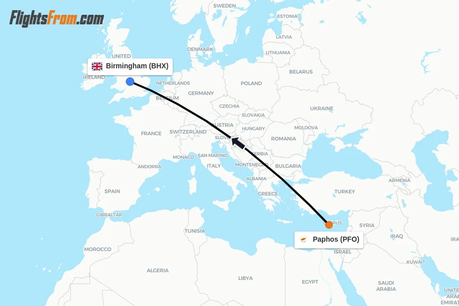 Flights from Paphos to Birmingham route map