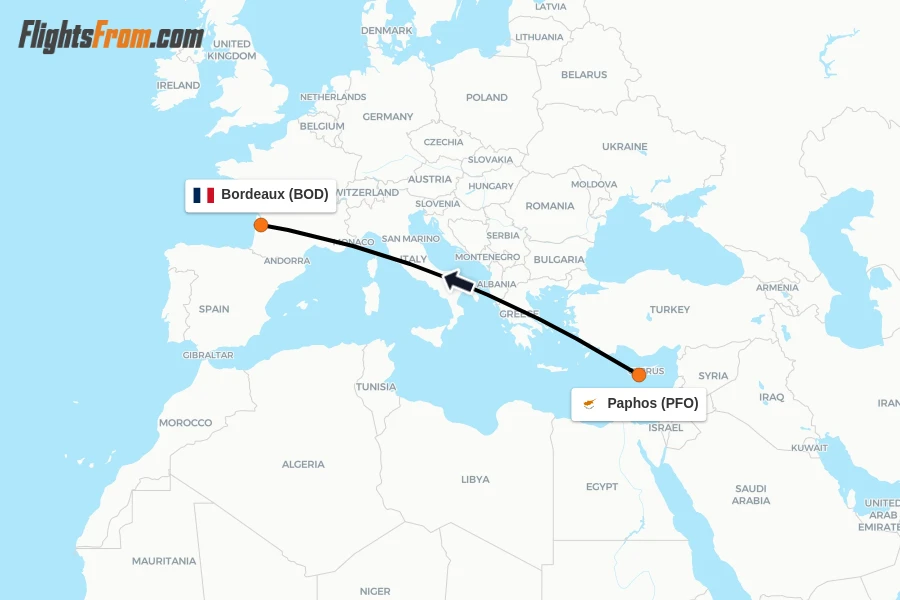 Flights from Paphos to Bordeaux route map