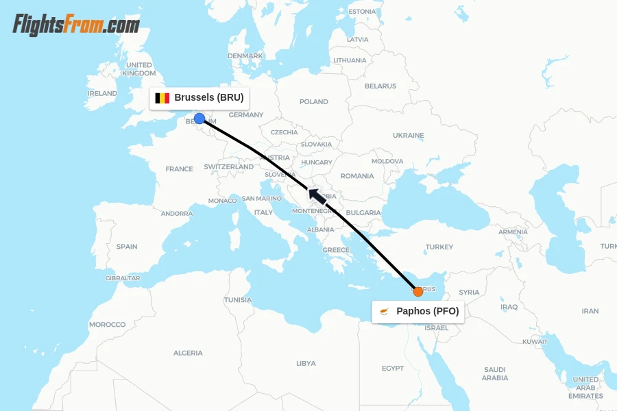 Flights from Paphos to Brussels route map