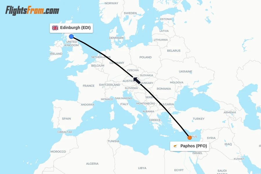 Flights from Paphos to Edinburgh route map