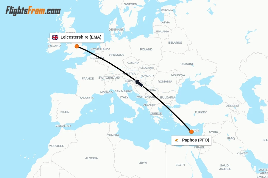 Flights from Paphos to Leicestershire route map