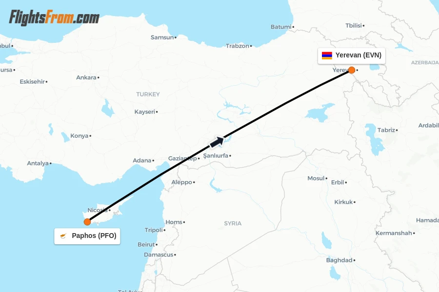 Flights from Paphos to Yerevan route map
