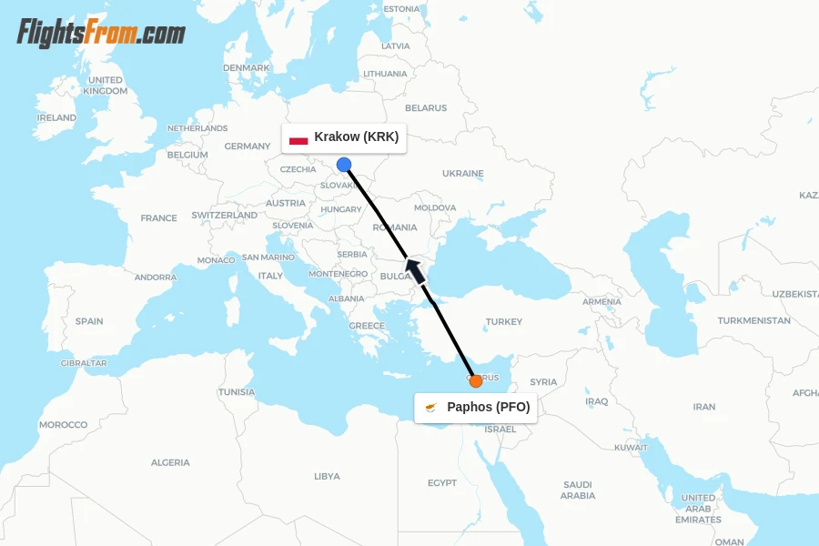 Flights from Paphos to Krakow route map