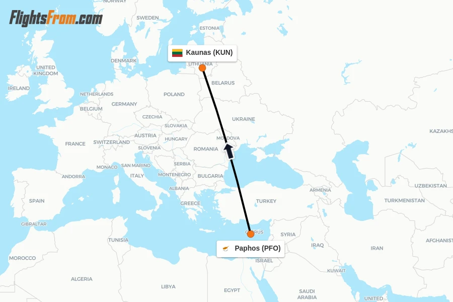 Flights from Paphos to Kaunas route map
