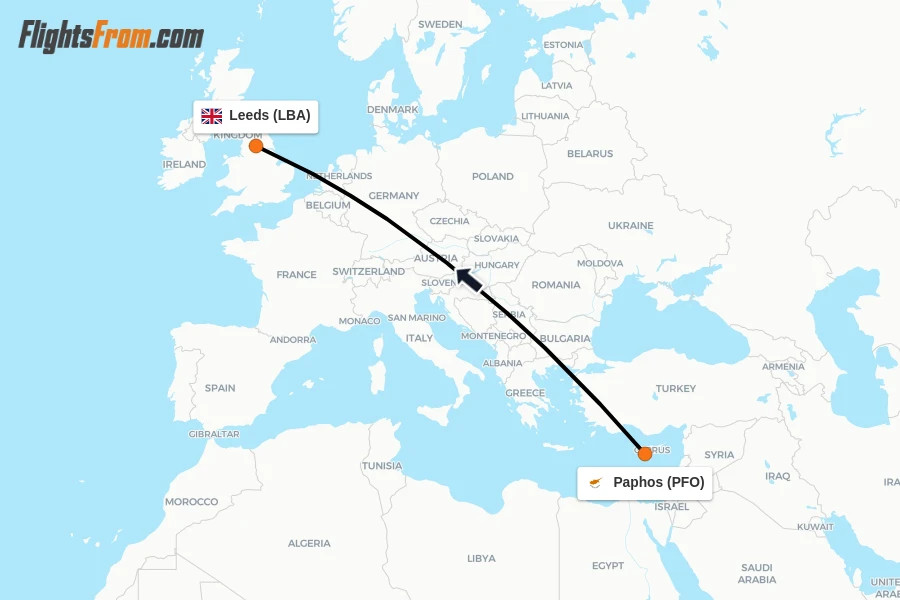 Flights from Paphos to Leeds route map