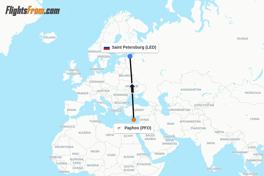 Flights from Paphos to Saint Petersburg route map