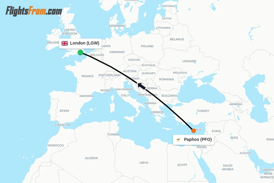 Flights from Paphos to London route map
