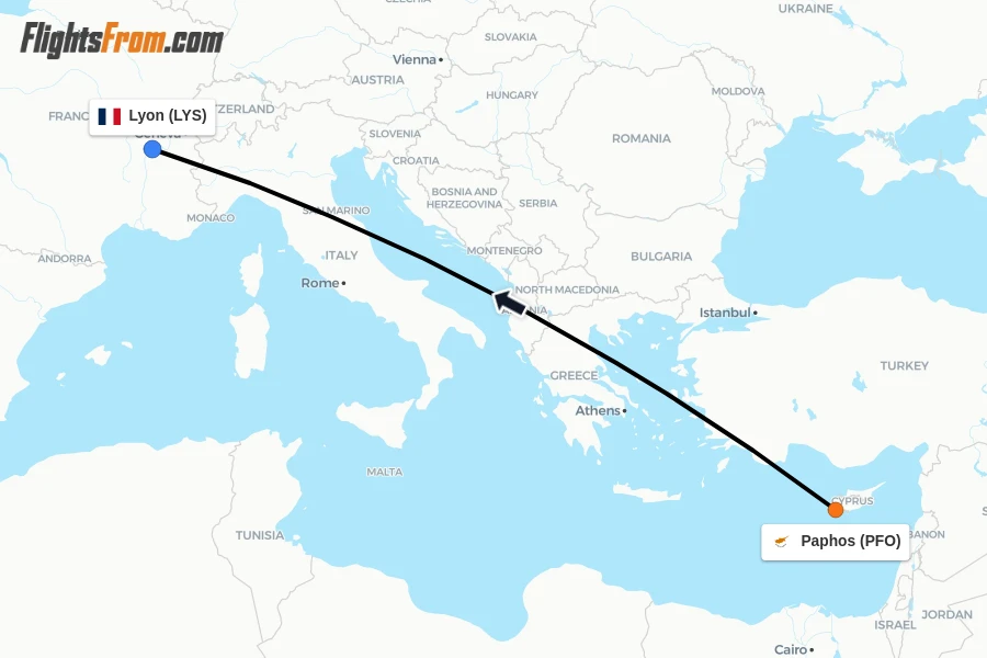 Flights from Paphos to Lyon route map