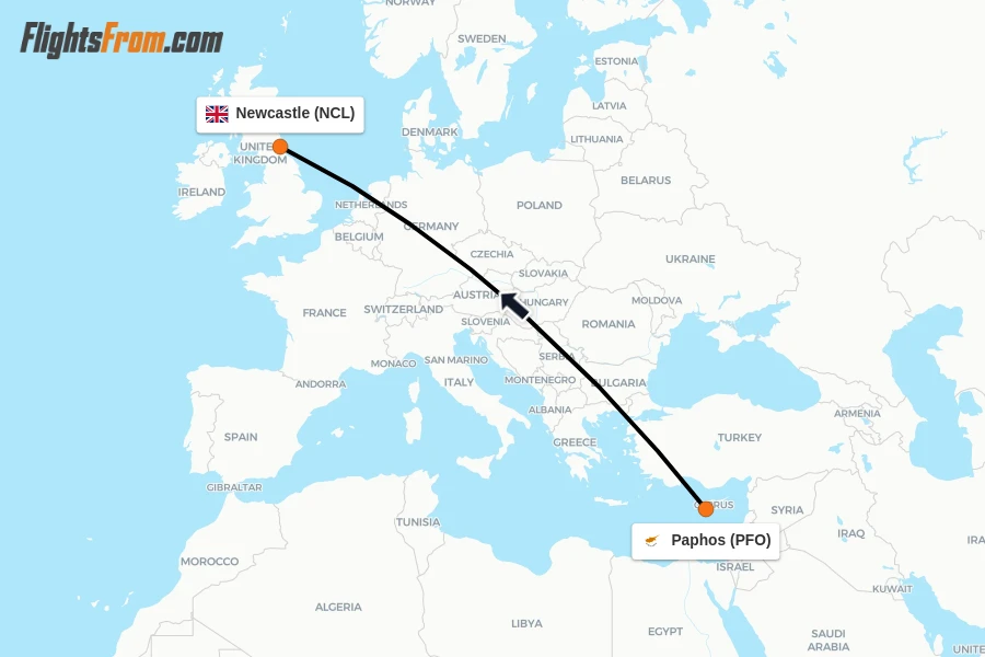 Flights from Paphos to Newcastle route map