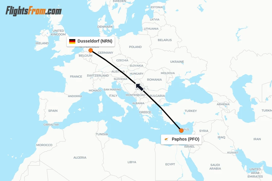 Flights from Paphos to Dusseldorf route map