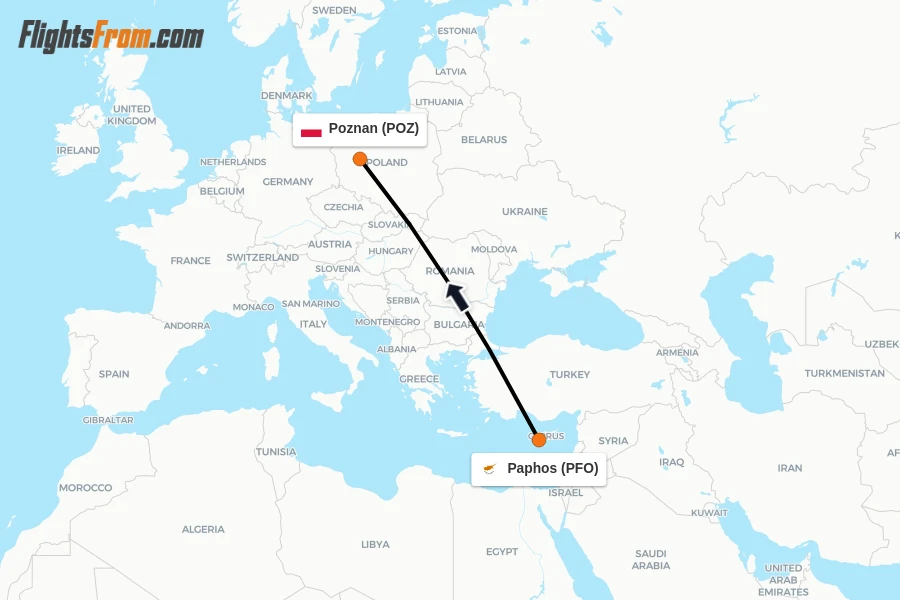 Flights from Paphos to Poznan route map