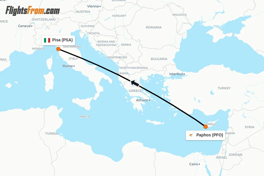 Flights from Paphos to Pisa route map