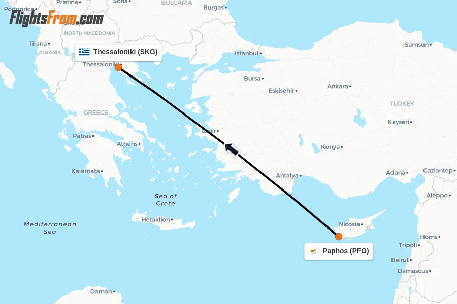 Flights from Paphos to Thessaloniki route map