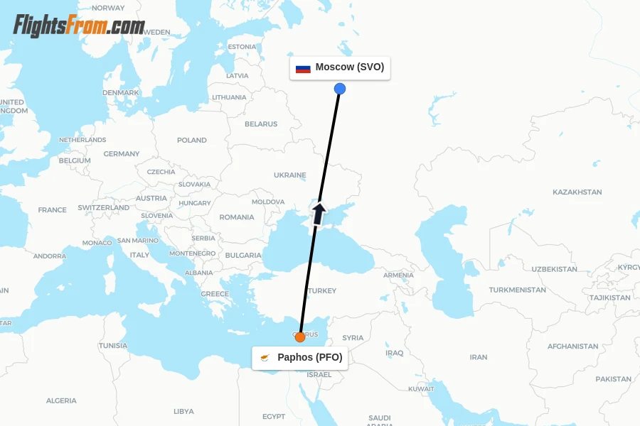 Flights from Paphos to Moscow route map