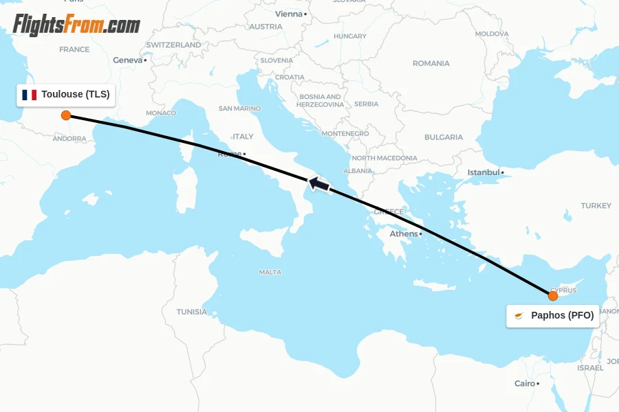 Flights from Paphos to Toulouse route map