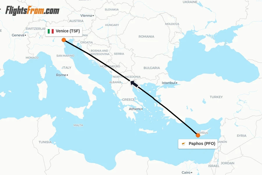 Flights from Paphos to Venice route map
