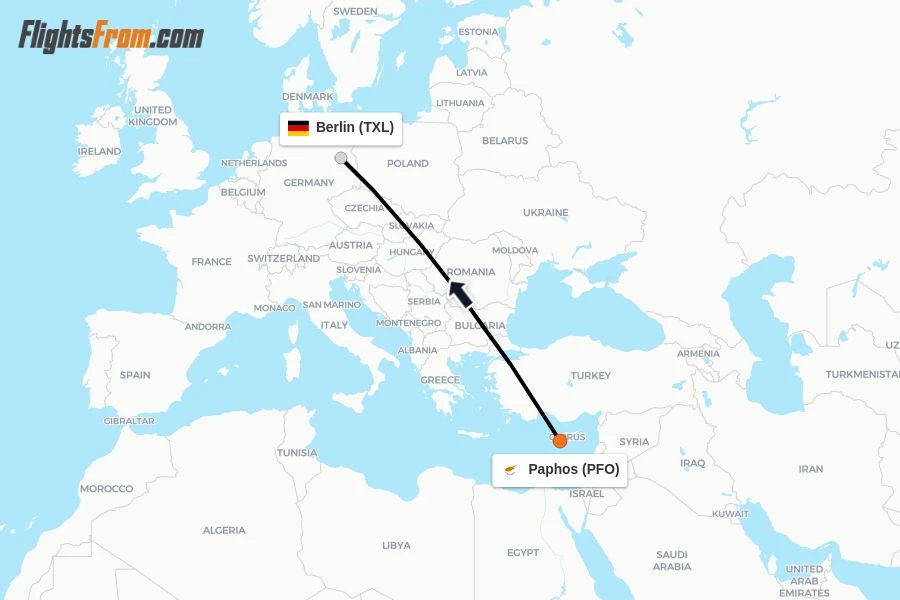 Flights from Paphos to Berlin route map