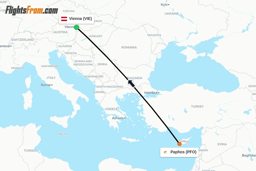 Flights from Paphos to Vienna route map