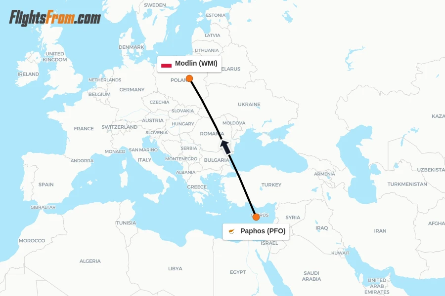 Flights from Paphos to Modlin route map