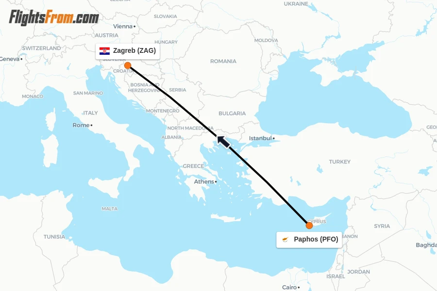 Flights from Paphos to Zagreb route map