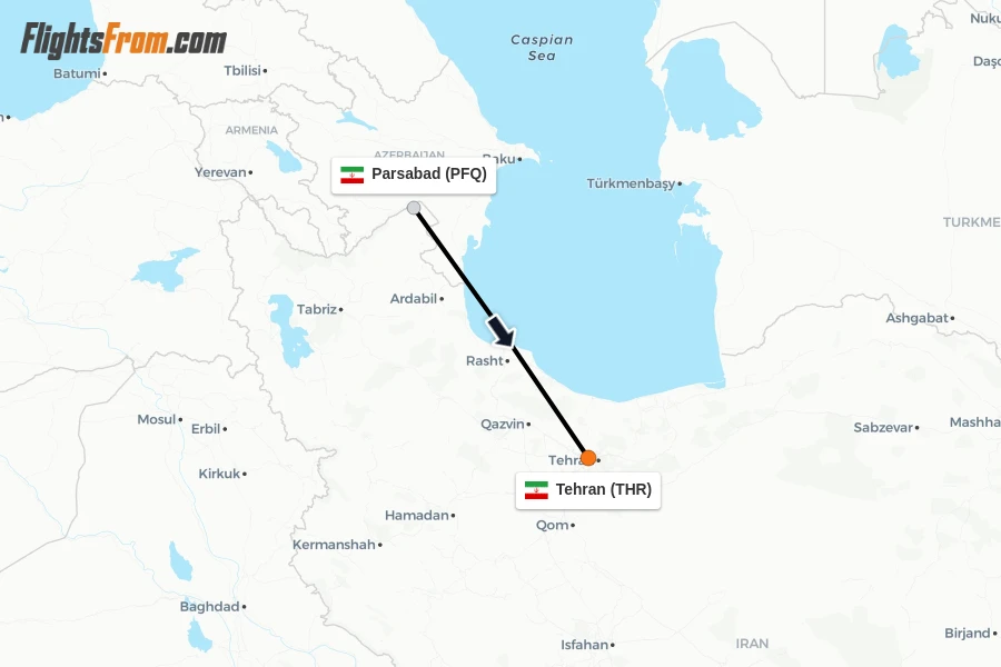 Flights from Parsabad to Tehran route map
