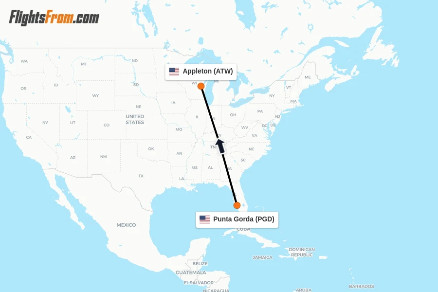 Flights from Punta Gorda to Appleton route map