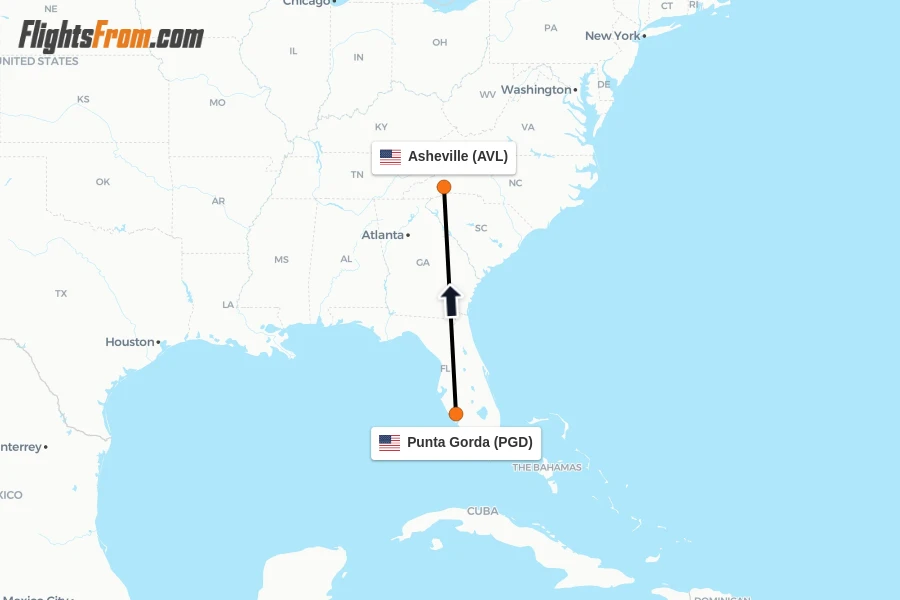 Flights from Punta Gorda to Asheville route map