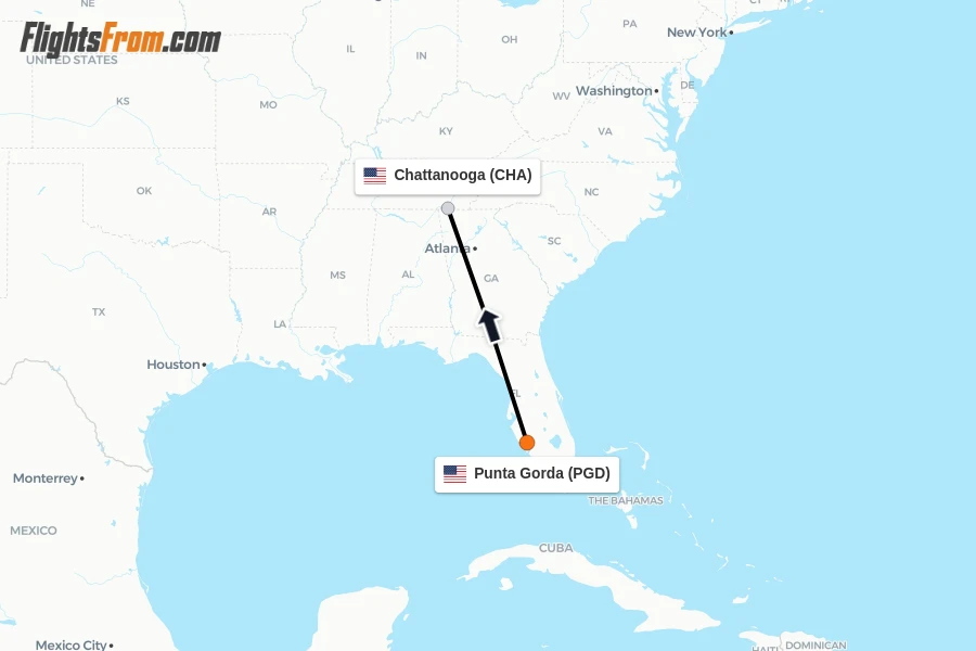 Flights from Punta Gorda to Chattanooga route map