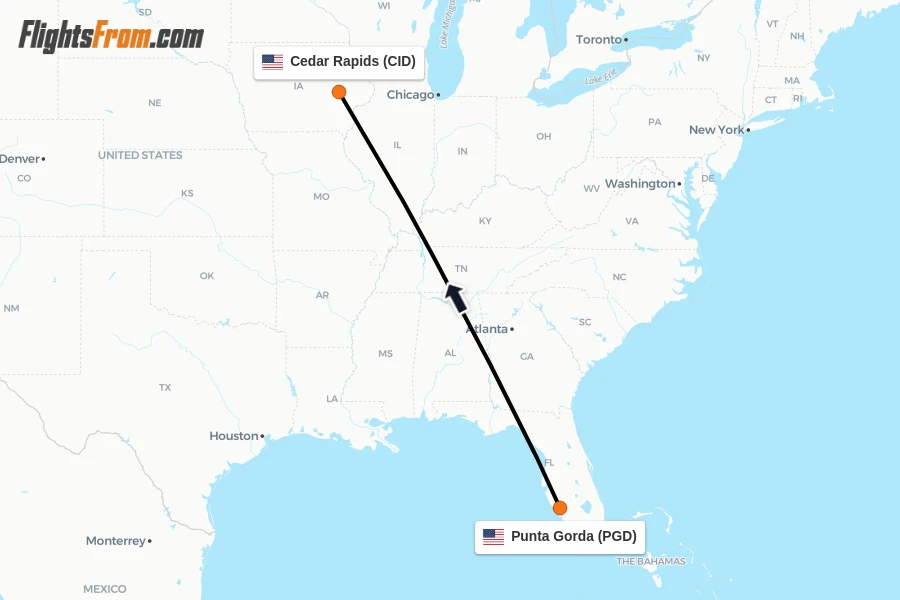 Flights from Punta Gorda to Cedar Rapids route map