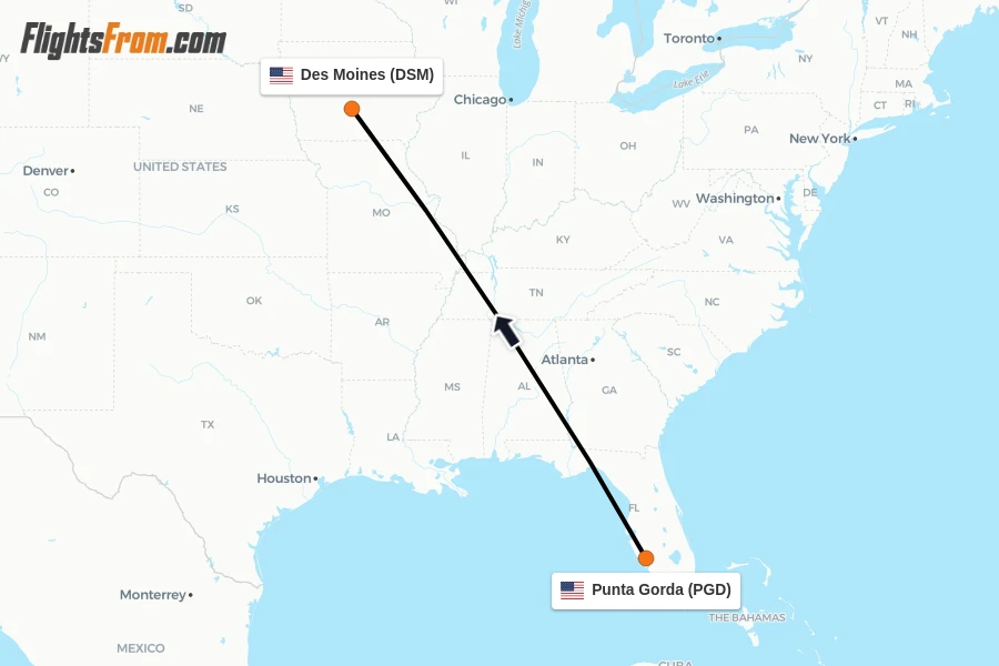 Flights from Punta Gorda to Des Moines route map