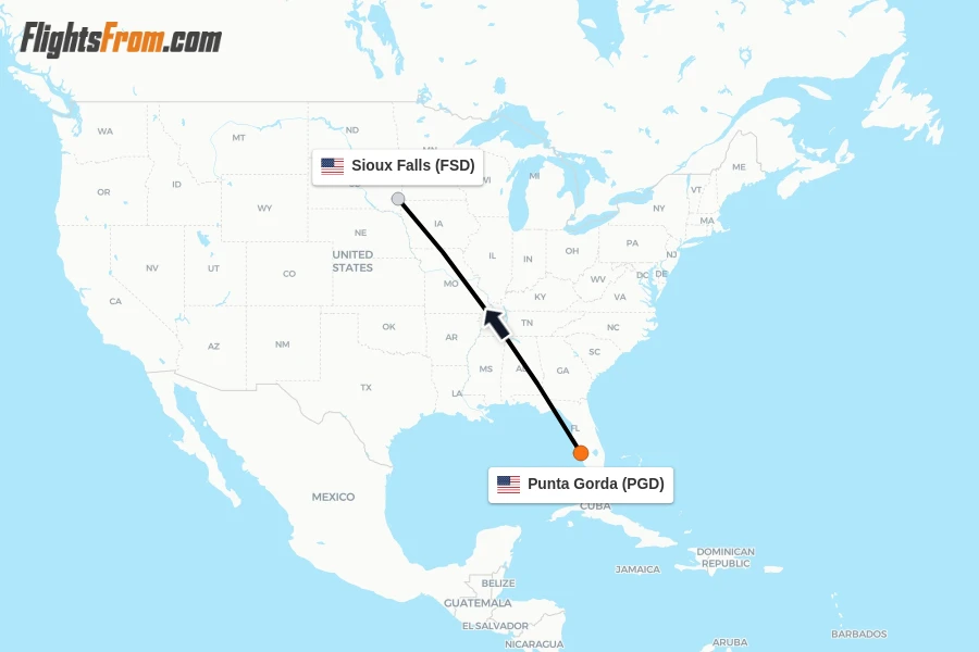 Flights from Punta Gorda to Sioux Falls route map