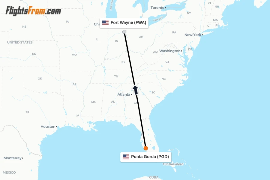 Flights from Punta Gorda to Fort Wayne route map