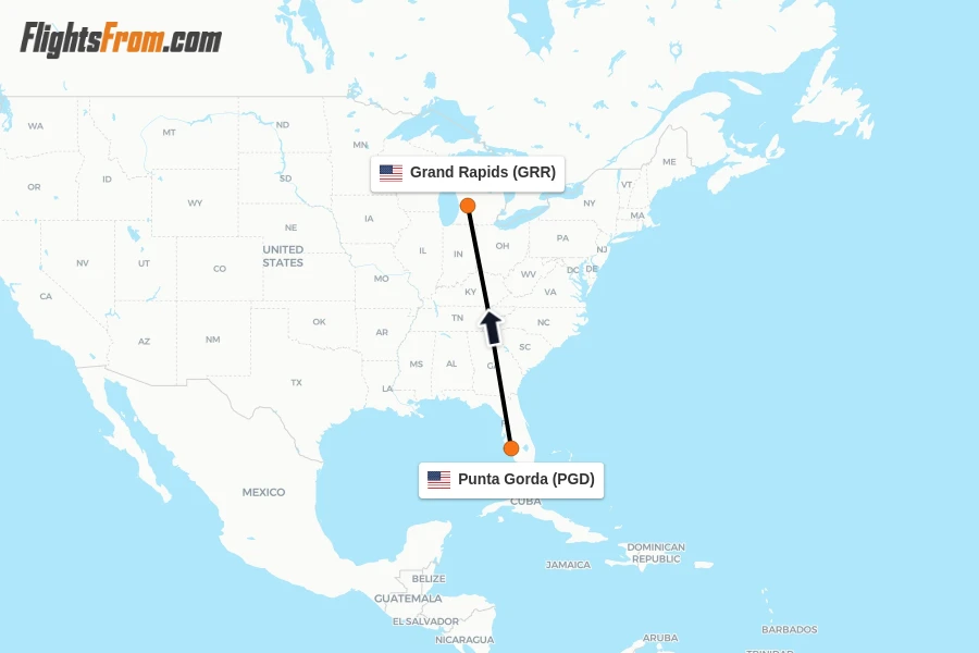 Flights from Punta Gorda to Grand Rapids route map