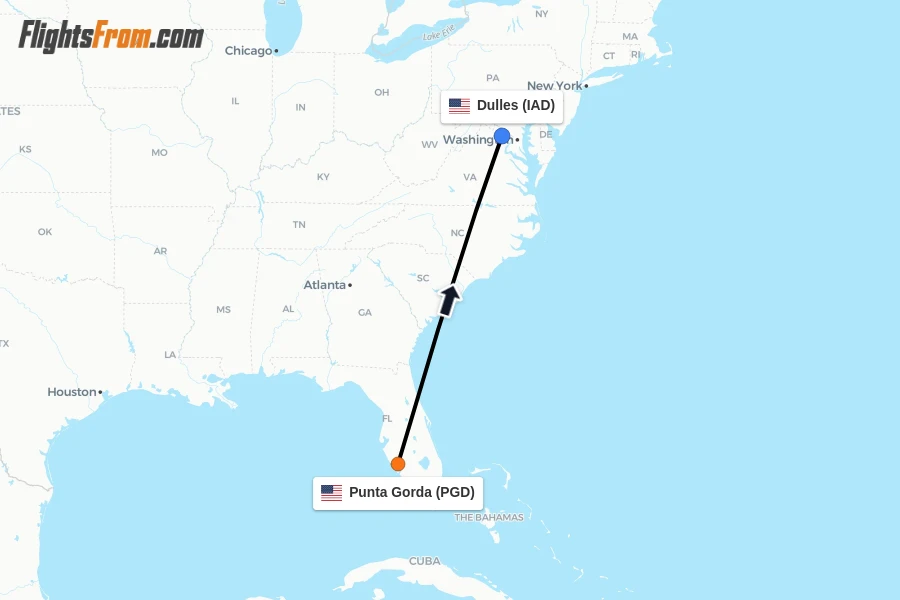 Flights from Punta Gorda to Dulles route map