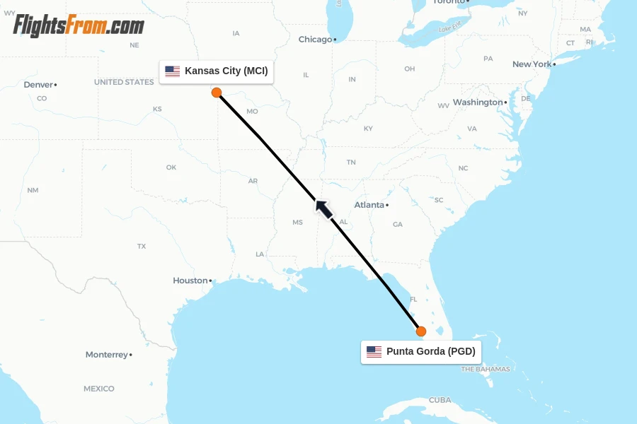 Flights from Punta Gorda to Kansas City route map