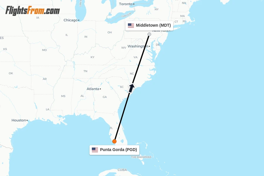 Flights from Punta Gorda to Middletown route map