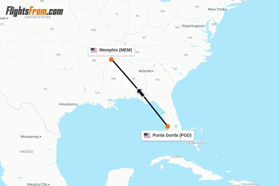 Flights from Punta Gorda to Memphis route map