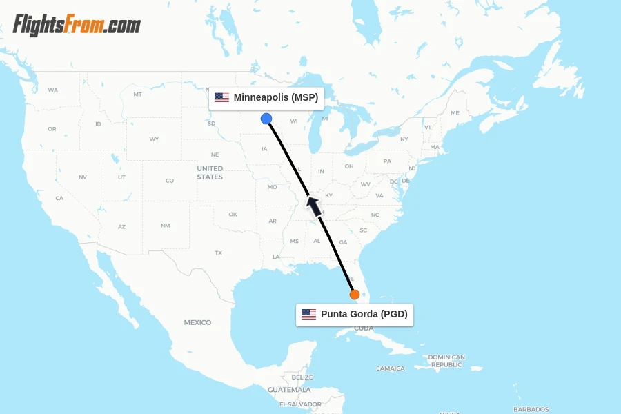 Flights from Punta Gorda to Minneapolis route map