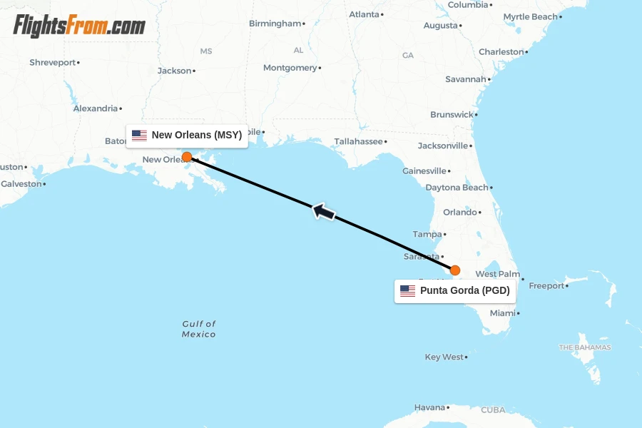 Flights from Punta Gorda to New Orleans route map