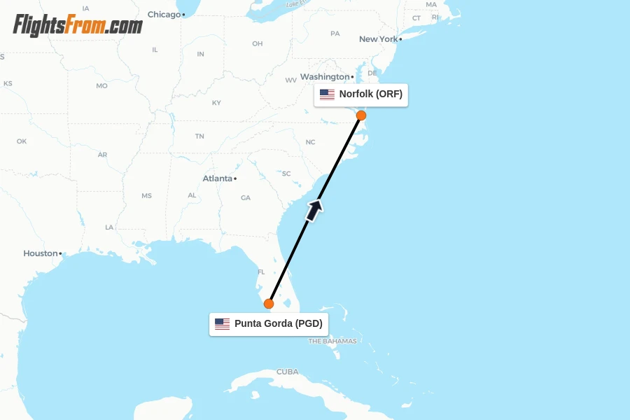 Flights from Punta Gorda to Norfolk route map