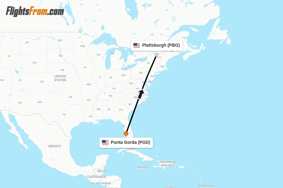 Flights from Punta Gorda to Plattsburgh route map